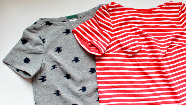 Eden Crop Tops for women in Retro Red Stripes and Indigo Speckle. From POESHAQ.