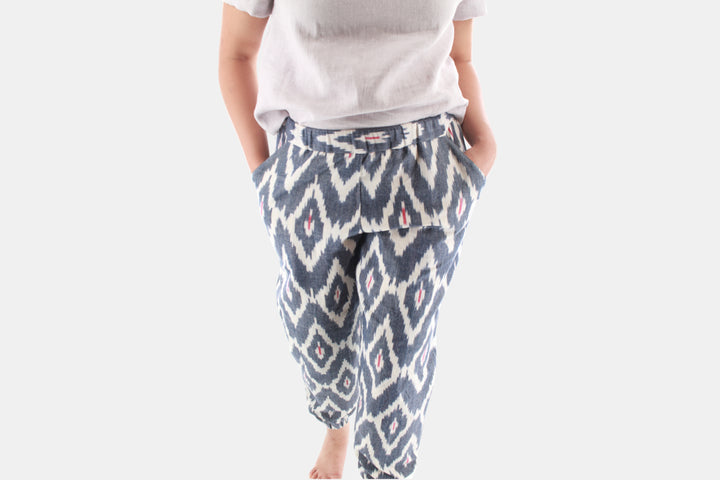 Terra Tapered Pull On Pants in Denim Chevron by Poeshaq. Made from Ikat Cotton.