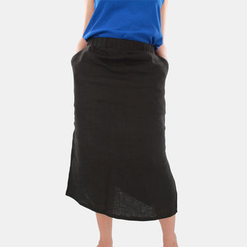 Calla Side Slit Midi Skirt in Midweight Linen | Black